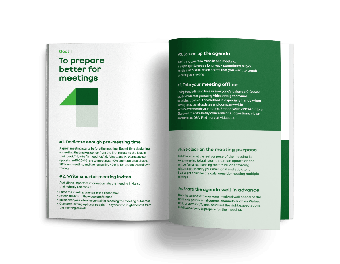 The first page of the meeting tips guide. To prepare better for meetings.