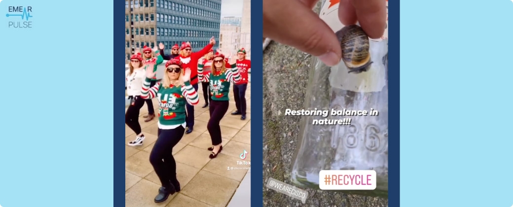 People of Cisco dancing in christmas clothes and snail on lgass bottle with recycle quote